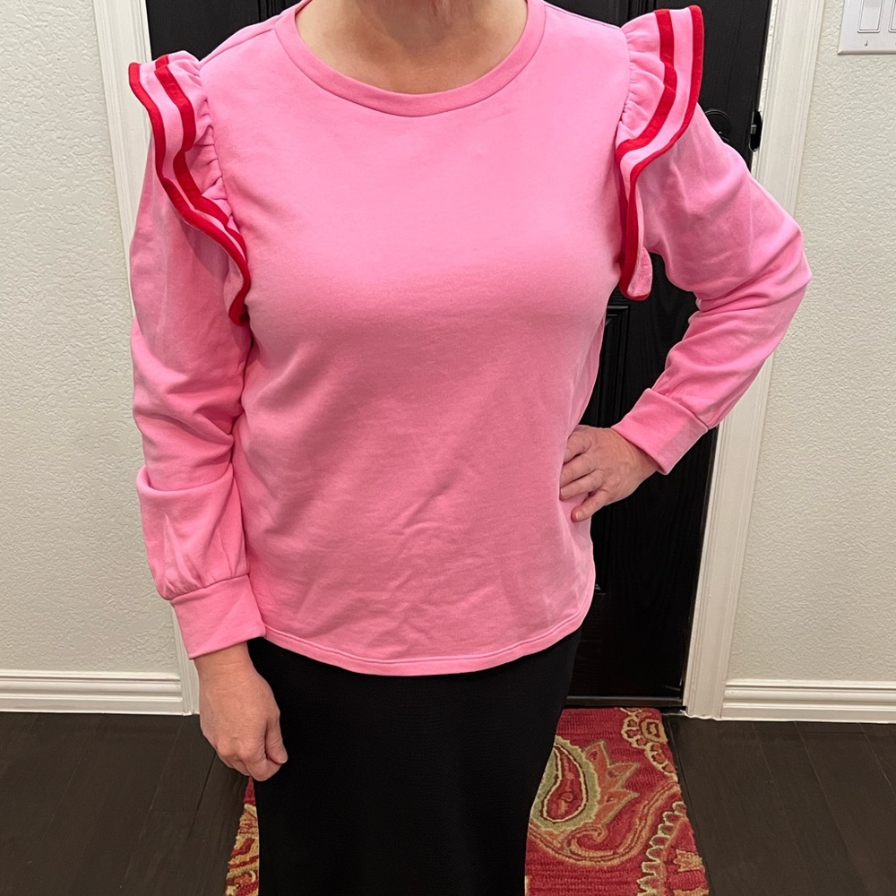 Crown & Ivy Pink Sweatshirt with Red Ruffle Sleeves